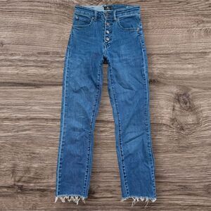 Volcom Super Stoned Skinny High Rise Blue Jeans Button Up with Frayed Hem